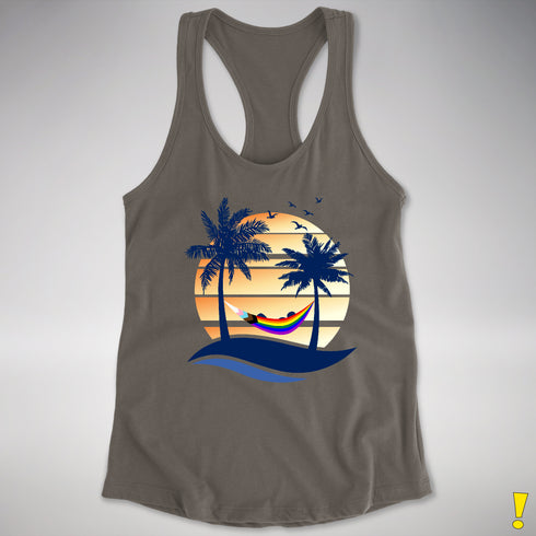 LGBTQ Progress Pride Hammock Summer Beach Sunset Racerback Tank - Dark Grey